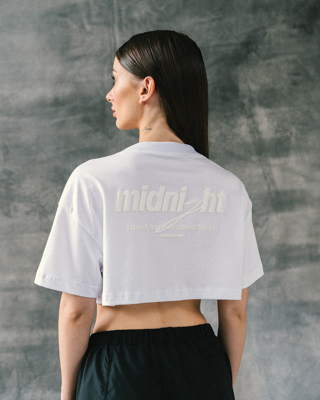 Camiseta crop midnight blanco